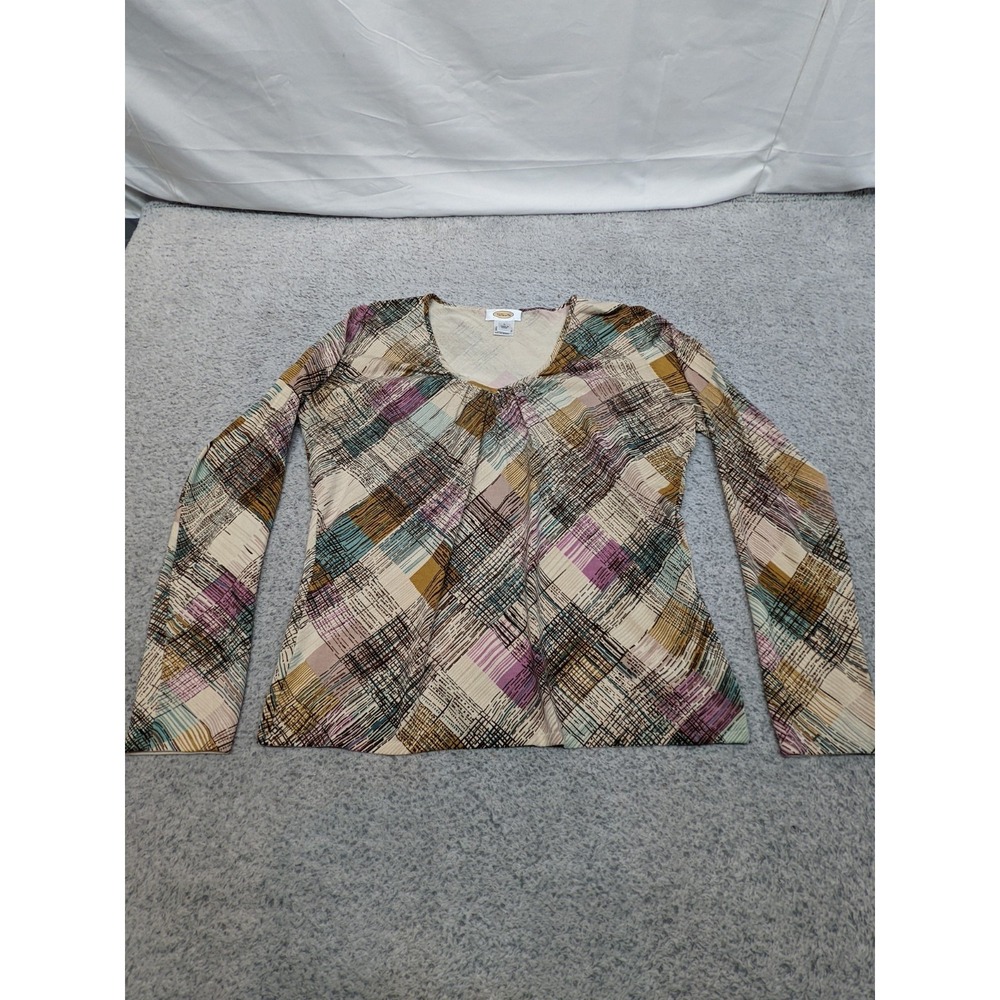 Talbots Silk Blend Top Large Geometric Graphic Print Beige Brown Boho Design